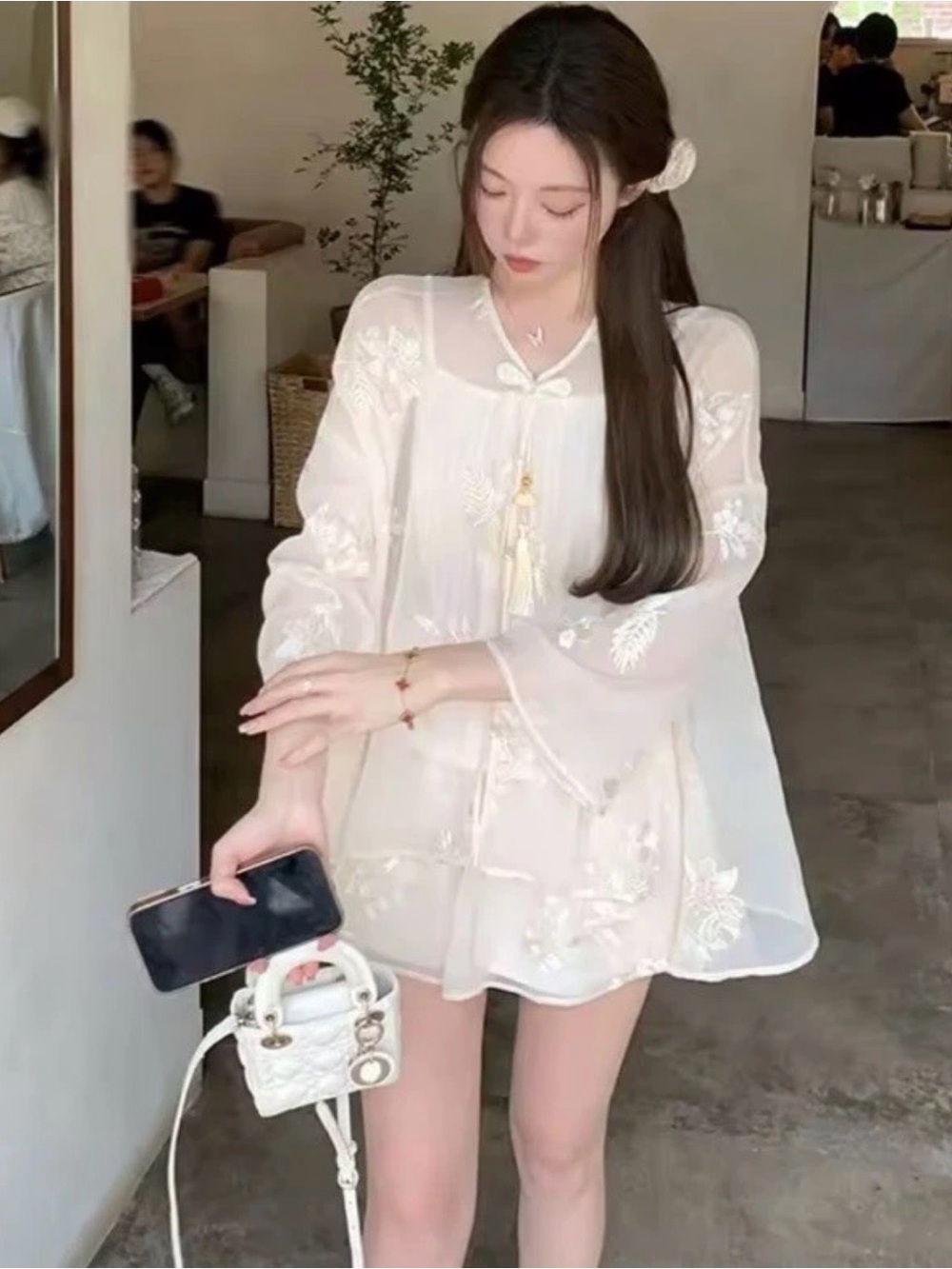 New Chinese Style Floral Embroidery Blouse + Shorts Set Women Outfit boho Vint